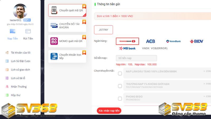 Các bước nạp tiền tại SV368
